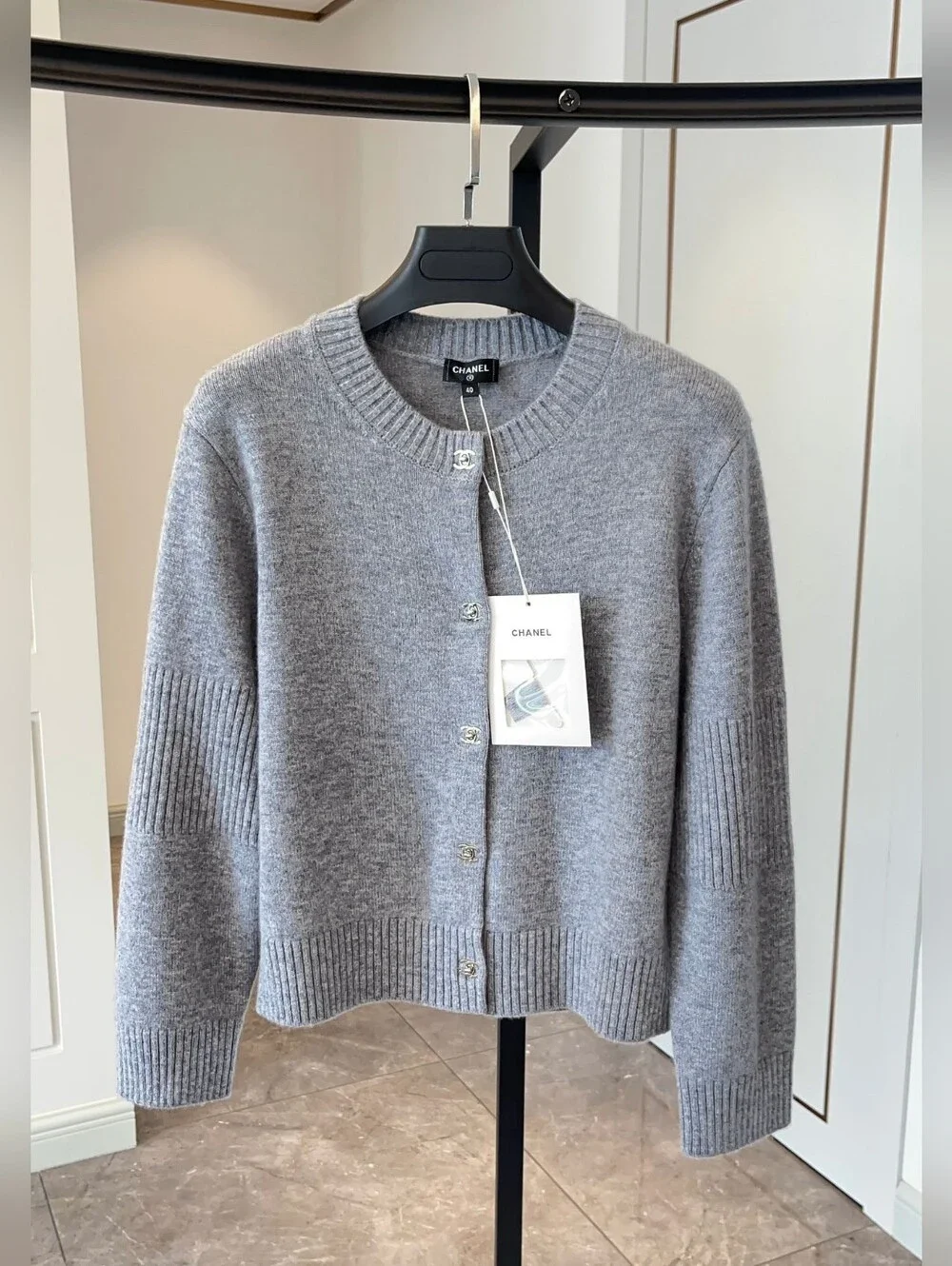 CHANEL Gray Cashmere Crewneck Cardigan